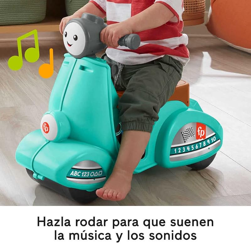 Fisher-price rir e aprender scooter de motocicleta brinquedo de passeio com sons, bebês +1 ano, espanhol + italiano + francês + inglês + alemão + versão holandesa (hmv76)
