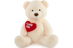 BENINY Big Teddy Bears, Giant White Teddy Bear Stuffed Animals with Embroidered I Love You for Girlfriend, Red Heart Fluffy Teddy Bear Birthday Gifts 36 inches