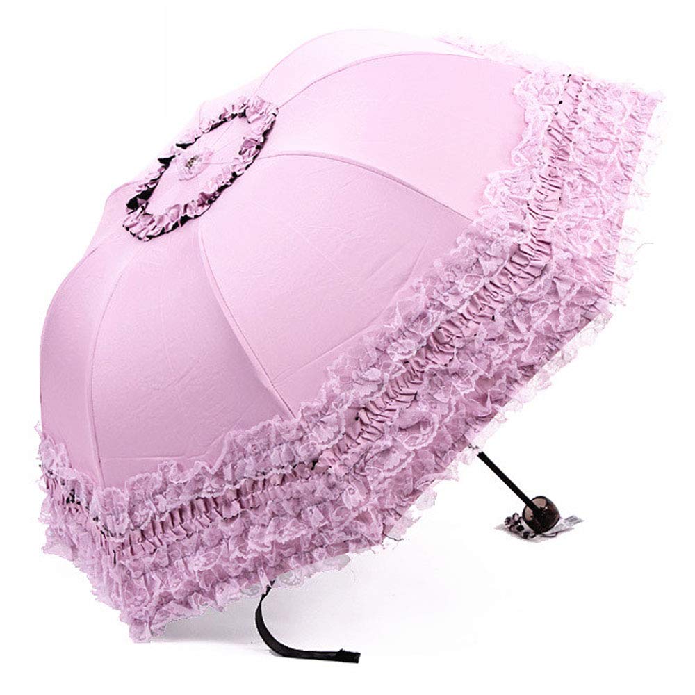 WANLIAN Princess Lace Vintage Lace UV Sun Parasol Folding 3D Flower Embroidery Umbrella 3 Folding Blue Rainy days, snowy days, sunny days are available (Pink purple)