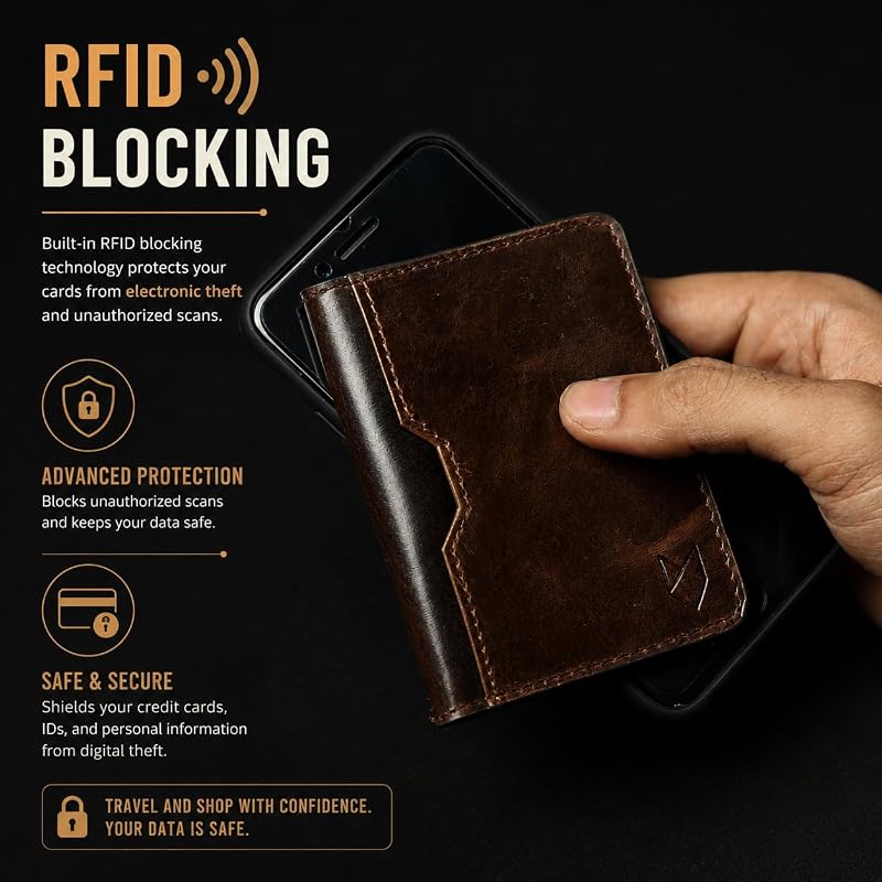 Portefeuille en Cuir avec Porte-Cartes de crédit pour Homme et Femme, Portefeuille Fin à Deux Volets avec Blocage RFID, Poche Avant Fine, Portefeuille Minimaliste, Petit étui pour Cartes