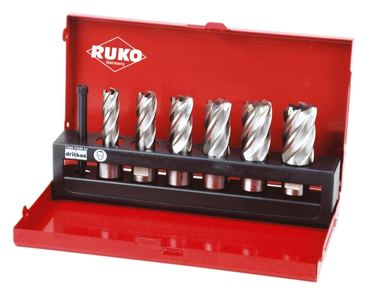 RUKO HSS Core Drill Bit Set with 3/4 inches Weldon Shank in Steel Case, CBN Ground, Bright Finish, 7 Pieces, R108820