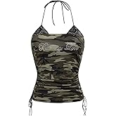 WDIRARA Women's Y2k Camo Print Halter Top Ruched Rhinestone Drawstring Side Camisole Tops