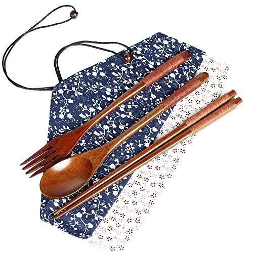 Mr.Dakai Natural Wooden Tableware Flatware Sets of 3-pieces - 1 Spoon, 1 Chopsticks, 1 Fork with Portable Small Floral Cloth Carry Bag (Khaki line)