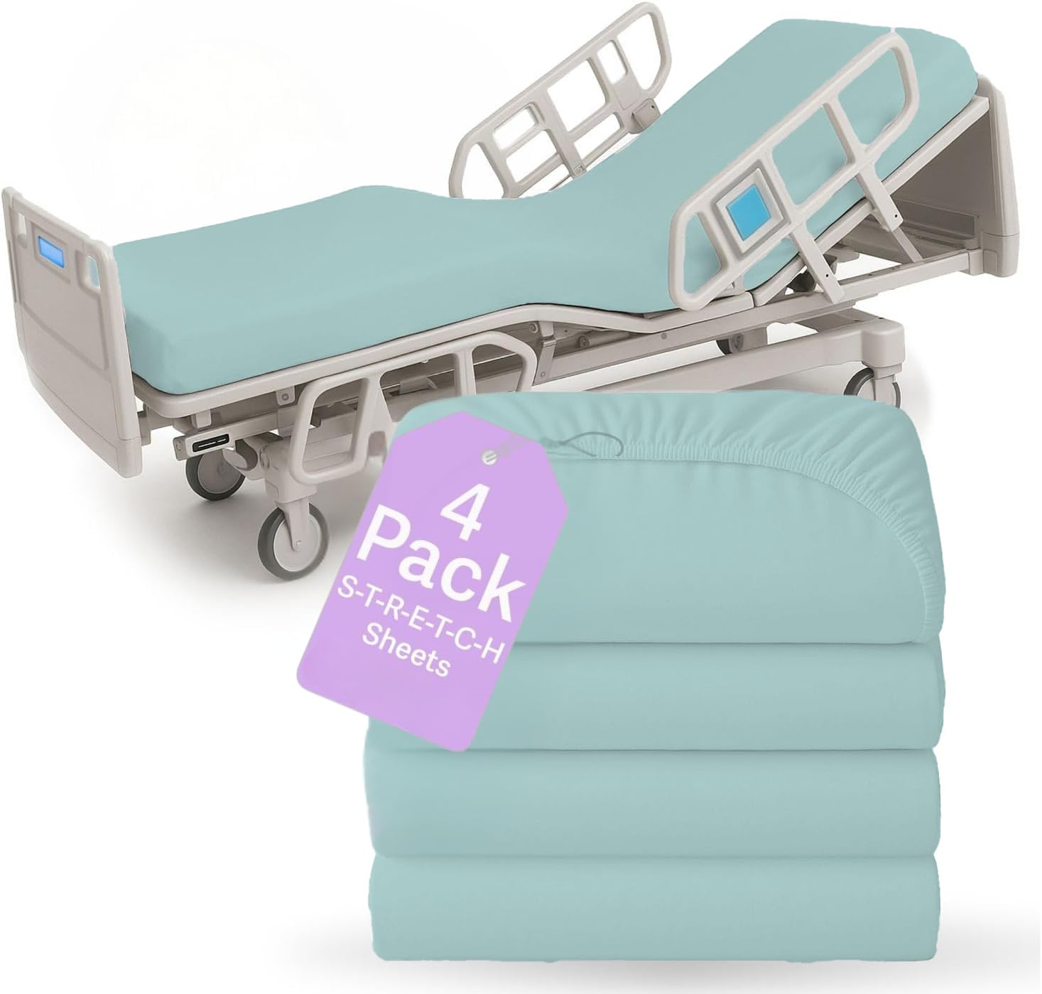 BLISSFORD - 4 Pack Fitted Hospital Bed Sheets with Elastic All Around for a Perfect Fit - Cotton Rich Soft Knitted Jersey Sheet, 36” x 84” x 12” - Blue