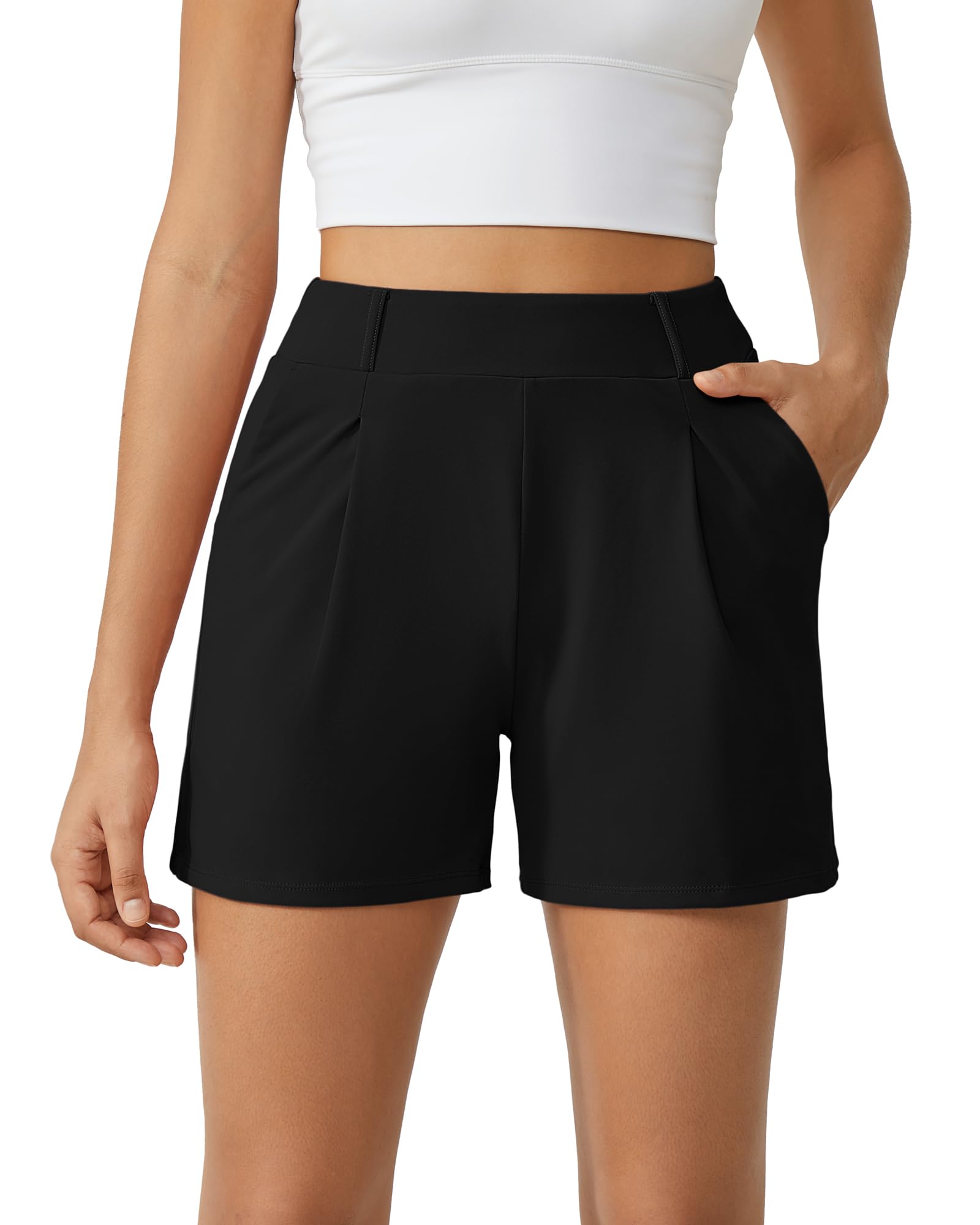 Photo 1 of **MINOR STAIN**G4Free Business Dressy Shorts for Women Casual Summer High Waisted Pleated Black Trouser Shorts with Pockets (Black, M)