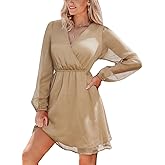CUPSHE Womens Fall Wedding Guest Party Dress Long Sleeve V Neck Mini Dress Flowy Chiffon A Line Short Dresses