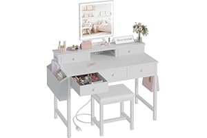 KAI-ROAD White Makeup Vanity Desk with Mirror and Lights, 40 inch Girls Vanity Set with Chair, Make Up Dresser Table with Drawers and Power Outlet for Bedroom Small Space