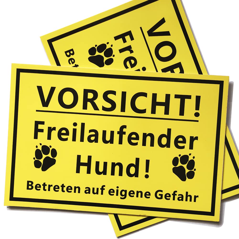 2 x Caution! Free-Walking Dog Warning Signs by Beyond Dreams - 20 x 30 cm - Enter Own Danger - Yellow - 3 mm PVC Rigid Foam Board - Dog Signs (2)