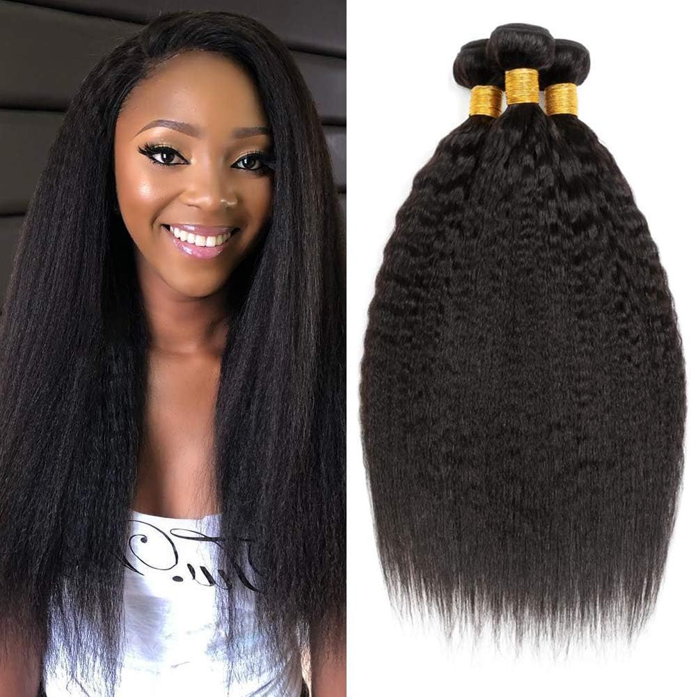 AmberhairKinky Straight Hair 3 Bundles Yaki Human Hair 8A Unprocessed Brazilian Virgin Remy Hair Weave Natural Black (10"10"10")