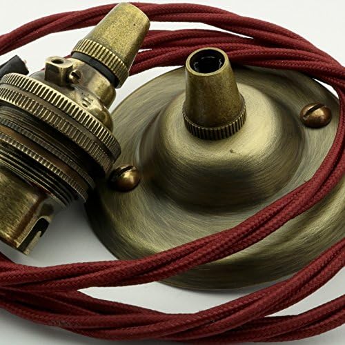 Vintage Styled Ceiling Pendant Kit incl. Antiqued Brass Finish Rose, B22 Bulb Holder and 3 Core Rich Burgundy Braided Twisted Flex