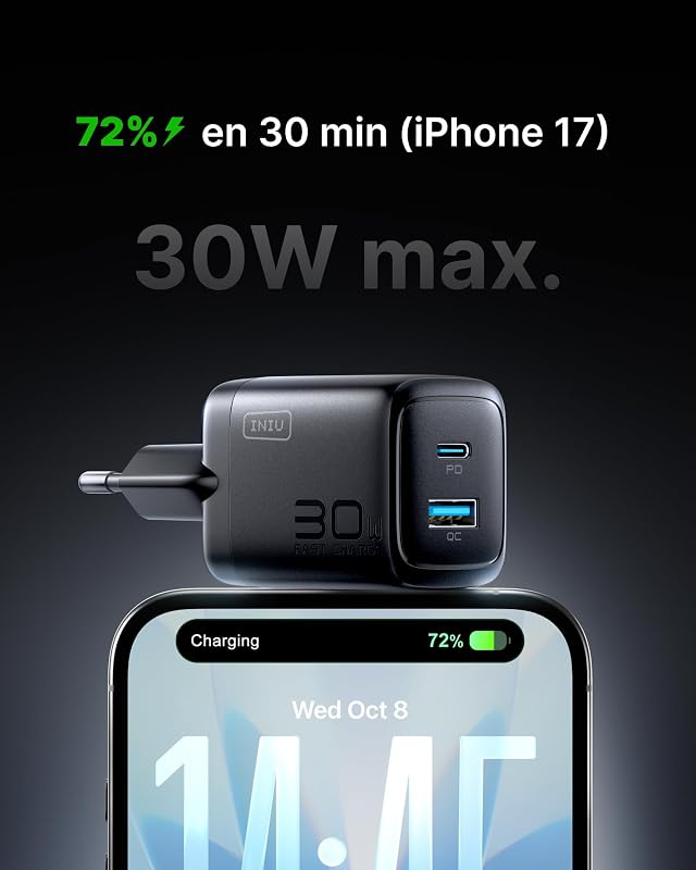 30W Chargeur USB C, 2-Port Prise GaN Chargeur Charge Rapide avec Câble