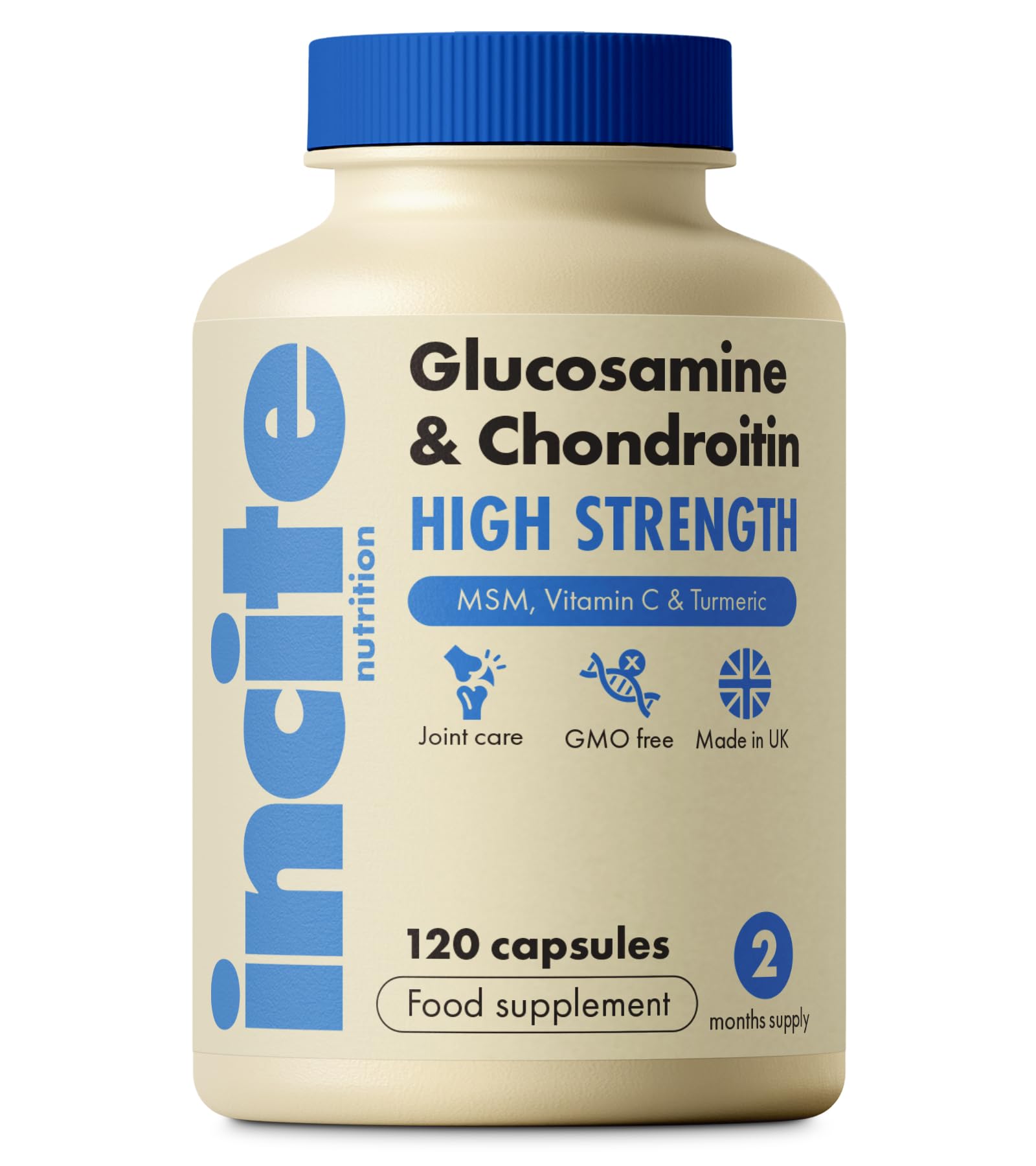 Glucosamine and Chondroitin High Strength Complex with MSM, Vitamin C, Ginger, Rosehip & Turmeric - 120 Premium Capsules Joint Care Supplements Made in The UK by Incite Nutrition