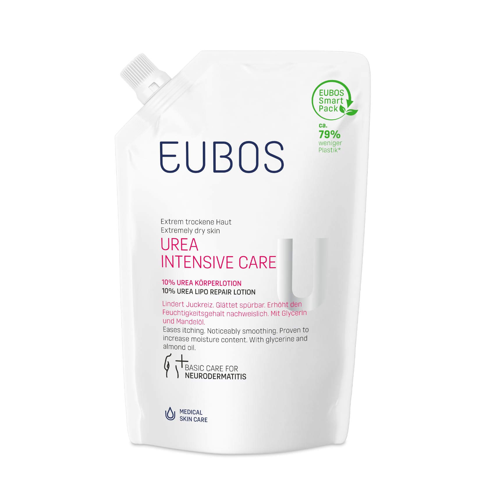 EUBOS Urea Intensive Care, 10% Urea Body Lotion Refill Bag, Moisturiser for Dry, Flaky Skin, Relieves Itching, Skin Compatibility Dermatologically Confirmed, 400 ml