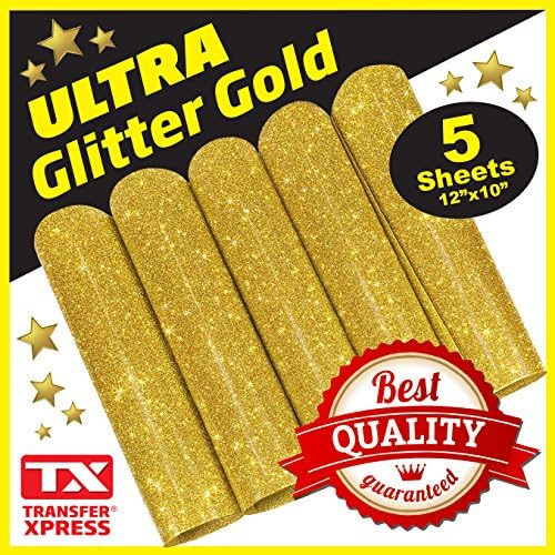 5-Sheets 12''x10 ULTRA HTV Glitter Vinyl Gold - TOP PERMANENT GLOWING- Iron on Vinyl- Personalize Shirts, Home Décor &amp; Fashion Accessories