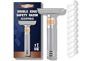 THURLADY Single Blade Razors for Men, Adjustable Safety Razors for Men and Women, Reusable Metal Double Edge Razor, 1 Blade Razor, with 10 Double Edge Safety Razor Blades, Matte Silver