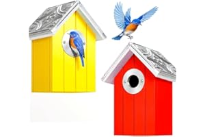 CEDAR ALPHA 2PK Cedar Bluebird House, Wooden Bird House for Outside, 1.5" Entrance Hole Size, Stainless Steel Entrance Hole Protector, Silver Metal Roof, Colorful Garden Decorative, Pole Mountable (Yellow+Red)