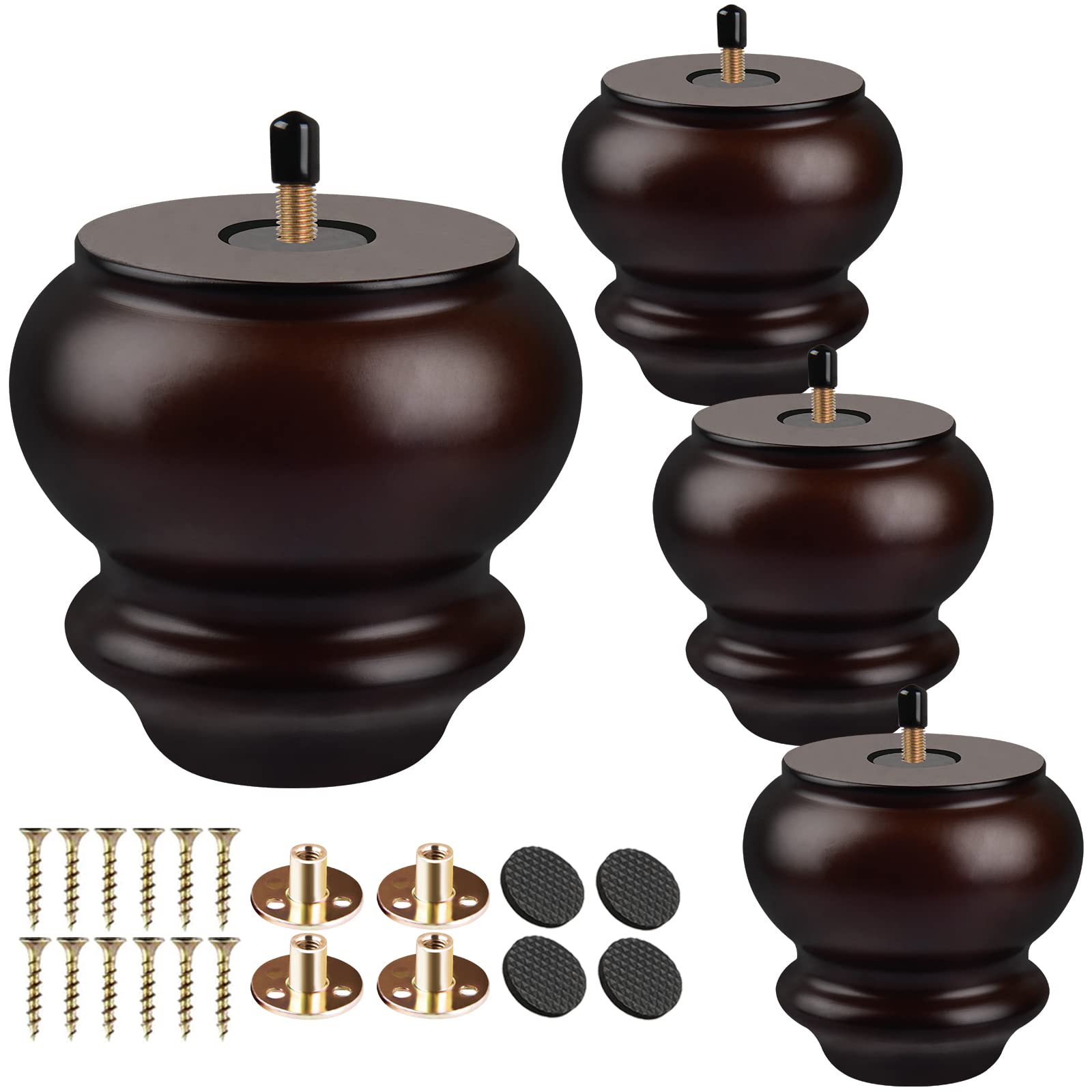 TCHOSUZ 3 inch / 8cm Wooden Furniture Legs, Pack of 4 Classic Walnut Solid Wood Turned DIY Replacement Bun Feet with M8 Hanger Bolts & T-Nuts for Sofa Couch Cabinet Ottoman Bed Riser