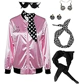 Lixinya Women's 50s Ladys Pink Satin Jacket Jacket with Neck Scarfs Halloween Cosplay Costume