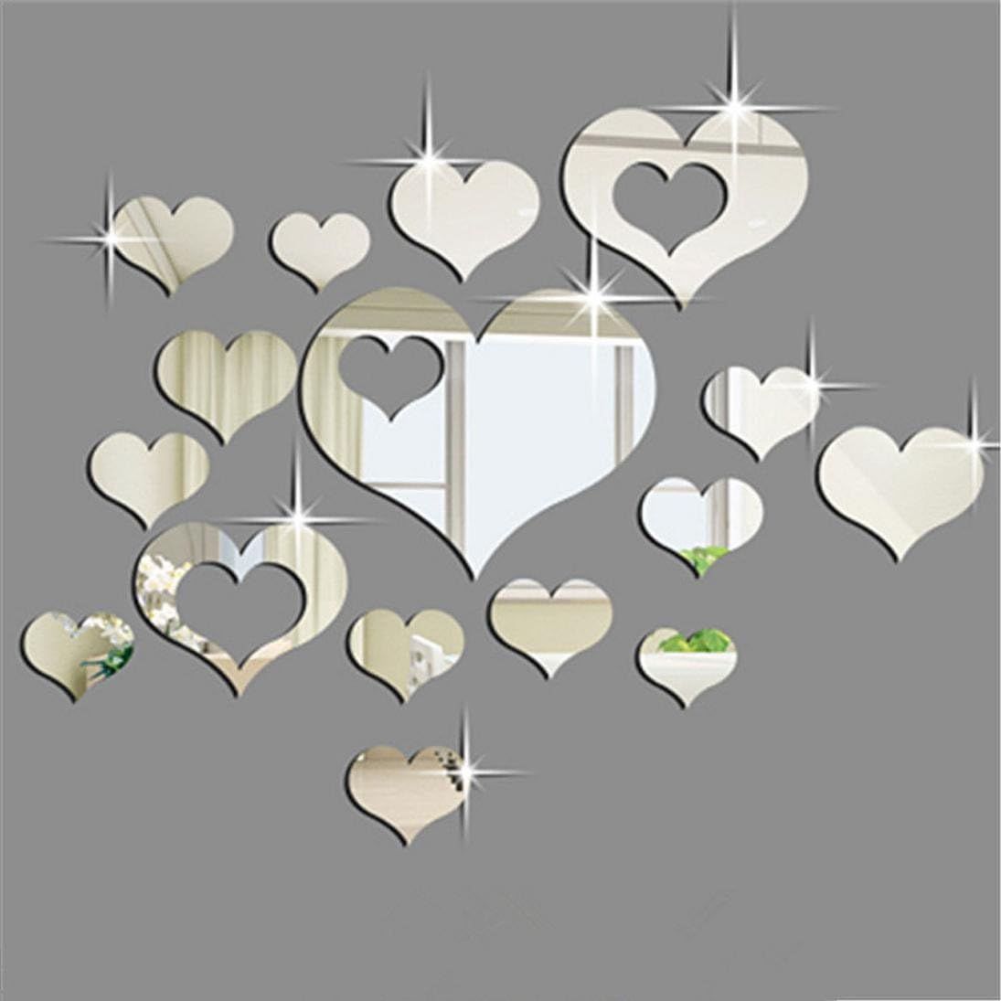 1Set 15pcs 3D Acrylic Heart-Shaped Mirror Wall Stickers Plastic Removable Heart Art Decor Wall Poster Multi-Size Living Room Home Decoration by Quistal (Silver)
