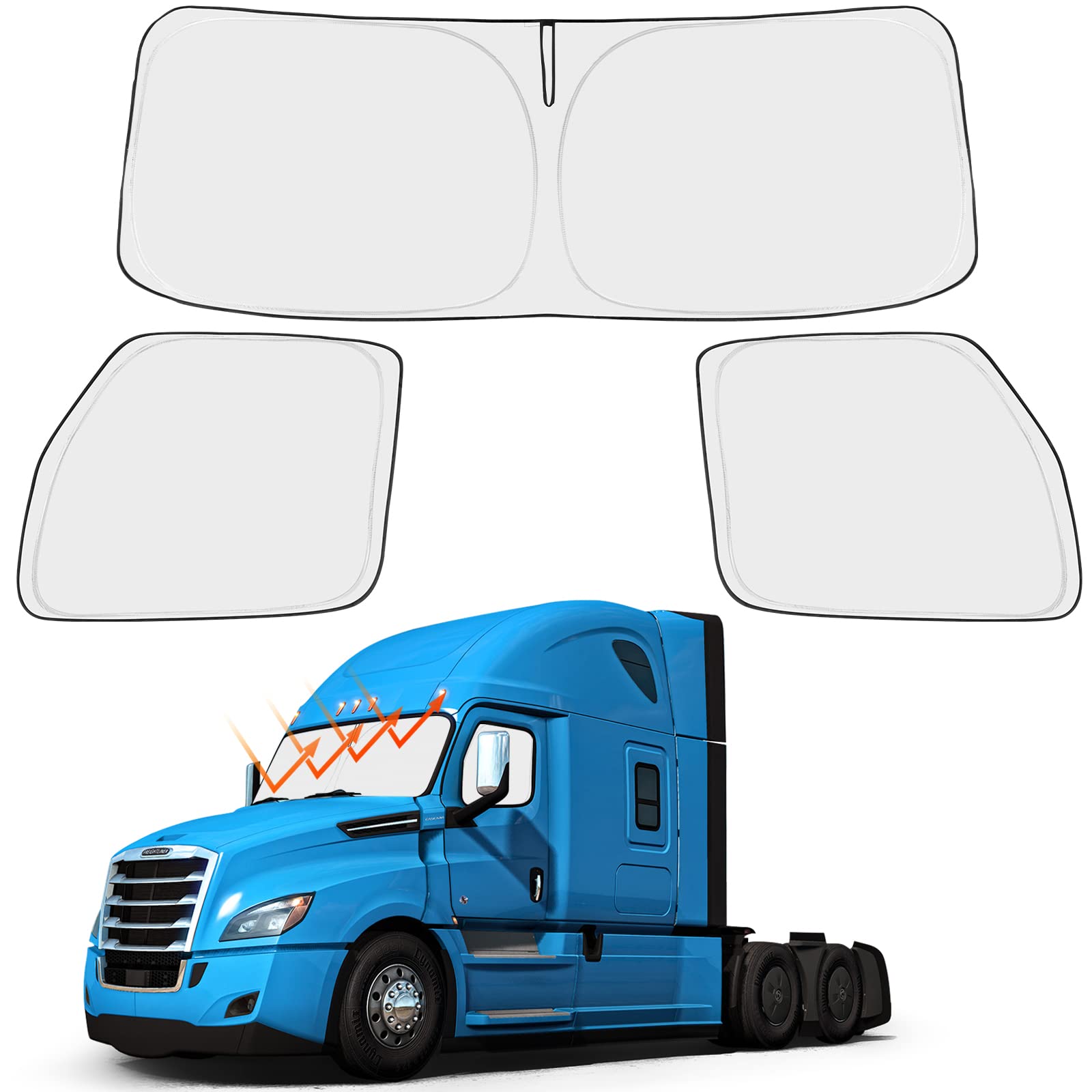 Photo 1 of Front Windshield and Side Windows Custom Fit 2018-2024 2025 Freightliner Cascadia, Semi-Truck Semi, Commercial & Big Rig Truck Sun Shade Foldable Sun Protector Privacy Cover