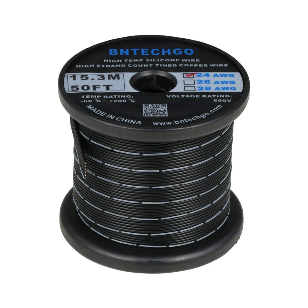 BNTECHGO 24 Gauge Silicone Ribbon Cable Copper Wire 6P Flat Cable 24 AWG Flexible Soft Silicone Rubber Parallel Wire Stranded Tinned Copper Wire 6 Pin Black 50 ft