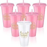 Jingmore Birthday Party Tumblers 24 oz Squad Plastic Tumblers with Lid and Straw for 20th 30th 40th 50th 60th Birthday Decorations Favor for Women Adults(White, Pink,6 Pcs)
