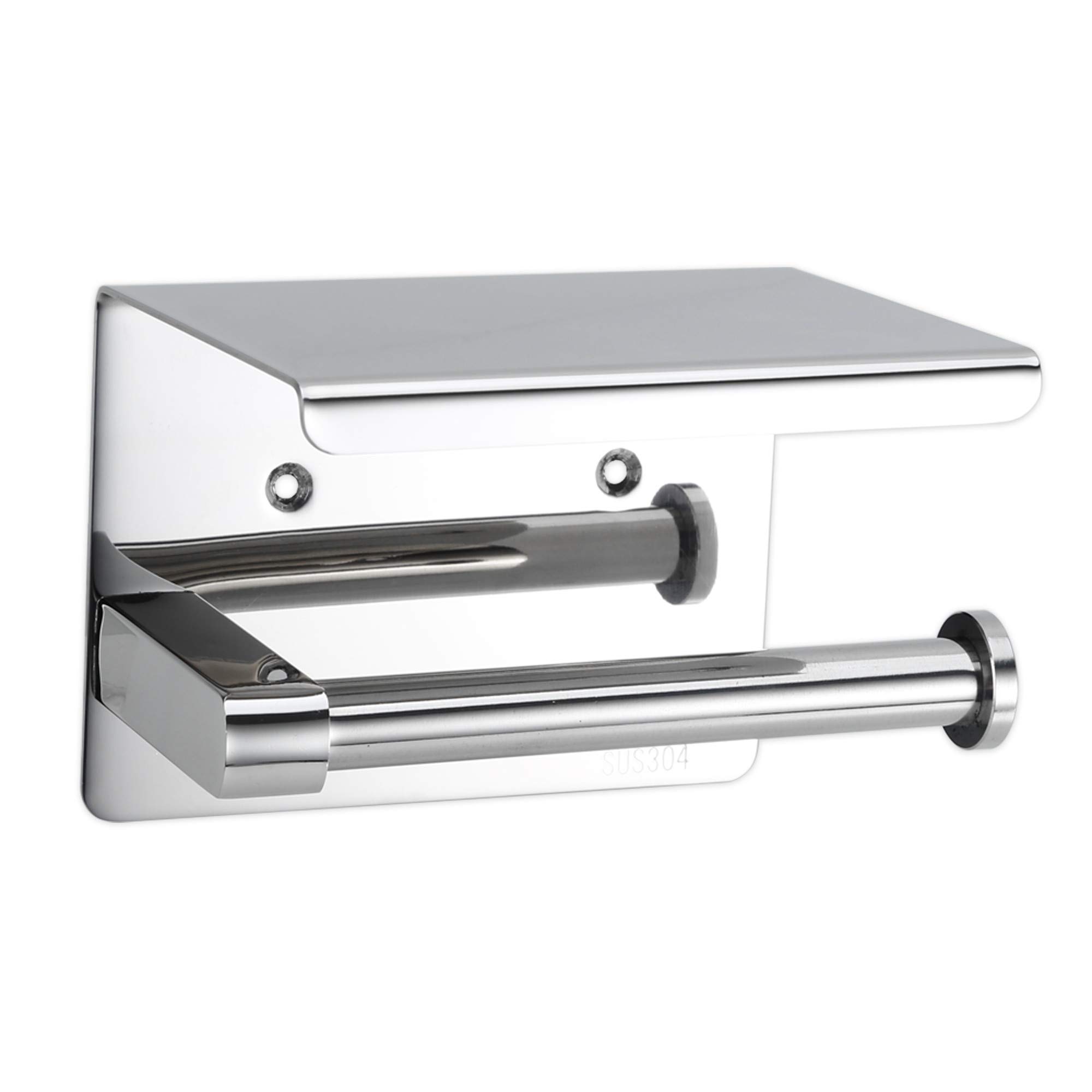 INTIRILIFE Toilet Roll Holder with Shelf in SILVER – Wall Mounted Stainless Steel Paper Holder with Shelf for Drilling with Screws perfect for Phone, Towels, Cloths and more