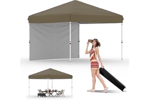 HarmonyHealth 10x10 Pop Up Canopy Tent Outdoor Canopy with 1 Removable Sidewall One-Person Set Up Heavy Duty Commercial Instant Tent Shelter-Brown