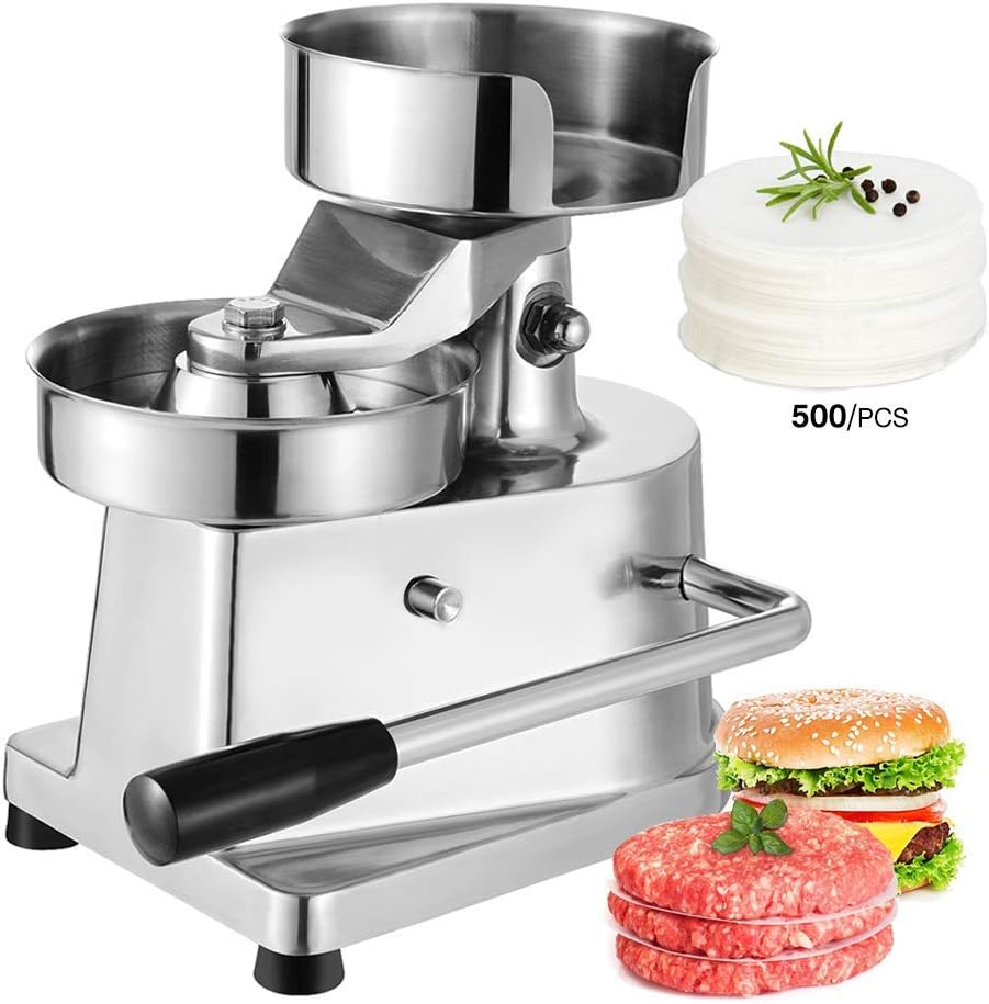 TRUSTME Commercial Hamburger Press Patty Maker Home Large Manual Burger Forming Machine Stainless Steel Grill Burger Press Tool with 500 Greaseproof Papers, 5 inch Burger 130mm
