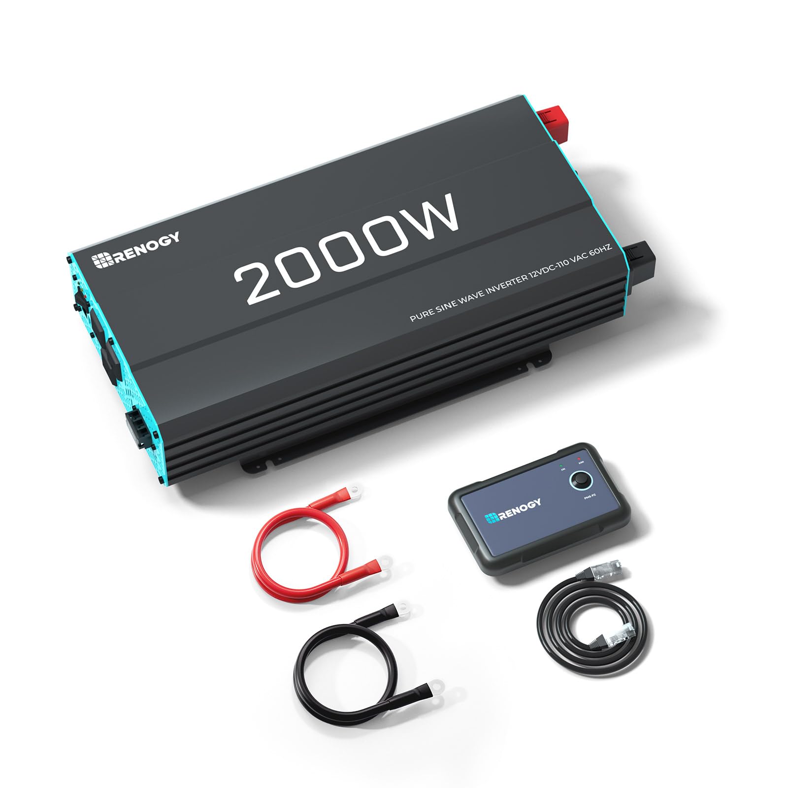 Renogy Inversor P2 2000W Inversor de onda sinusoidal pura Convertidor de 12V CC a 110V CA, inversores de energía solar fuera de la red para vehículos, camiones, vehículos recreativos, hogar, con puerto USB/cableado incorporado de 5V/2.1A, control remoto