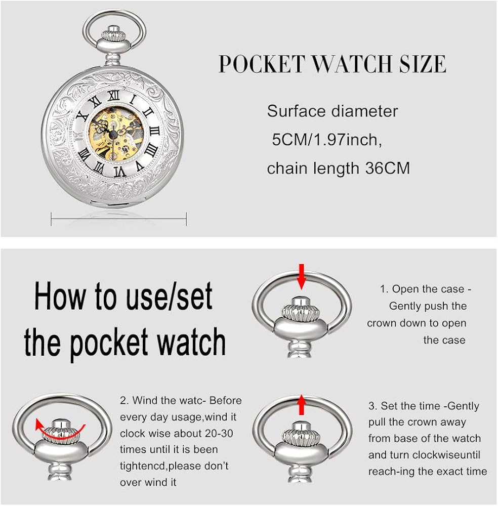 MICGIGI-Unisex Pocket Watch Mechanical Hand-Wind Double Cover Analogue Skeleton Pocket Fob Watches with Chain - Image 3