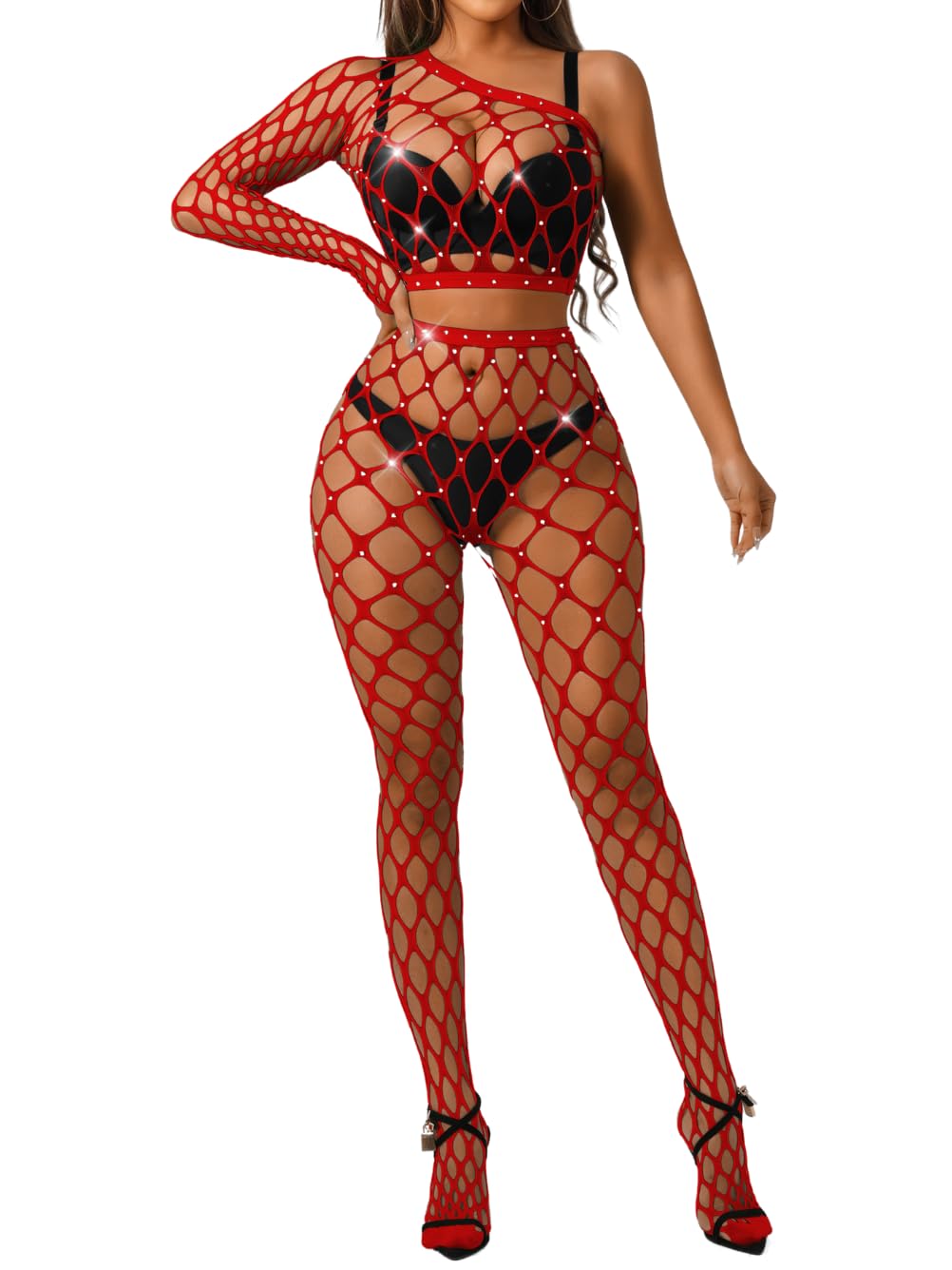 Photo 1 of Kaei&Shi Rhinestone Fishnet Bodysuit,Sexy Rave Outfits For Women Festival Set,Body Stockings Exotic Dancewear Red