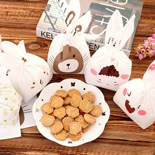 Ndier Sacs de Bonbons 90pcs Sac Cadeaux Biscuit Candy Bags avec d\'oreilles de lapin, sac de casse-croûte pour la fête, anniversaire, la nouvelle année