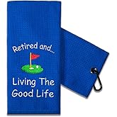 TOUNER Funny Golf Towel Gifts for Dad, Retirement Gifts for Men Golfer, Funny Embroidered Golf Towel for Golf Bags with Clip (Retired and Living The Good Life)