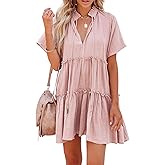 Dellytop Womens Drawstring V Neck Dress Ruffle Tiered Short Sleeve Babydoll Tunic Swing Sundresses