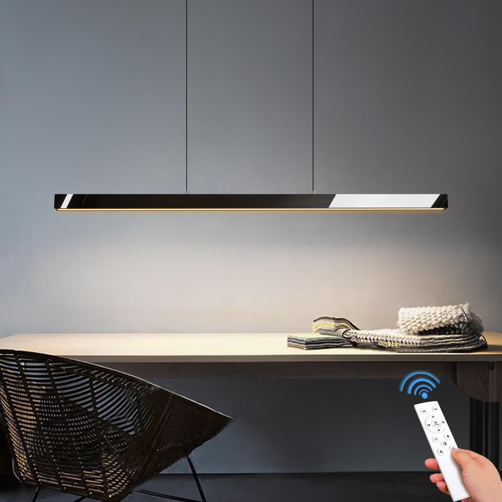 Photo 1 of DZW 47.3'' Full-Spectrum Modern CRI?97 LED Linear Pendant Light Fixtures 50W Black Kitchen Island Bar Lighting with Remote, 3000k-6000k Dimmable & Color-Tunable Lighting Pool Table,Dining Room Office