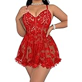 Mixxmix Plus Size Lingerie for Women Open Back Sexy Lingerie Dress Floral Lace Babydoll Chemise Lace Nightgown