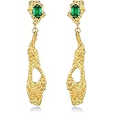 18K gold plated Abstract Long Chunky Vintage Boho Dangle Hammered Statement Earrings with Rectangle Green Emerald Gemstone by SNGIA, Bold Geometric Drop Handmade Exaggerated Irregular Trendy Bohemian Charm Chandelier Jewelry Gifts, Unique Dangling Teardrop Baroque Stone Summer Beach Fashion Accessories, Waterfall Vintage Thick Circular Nickle Free Huggies Hoop Earring.