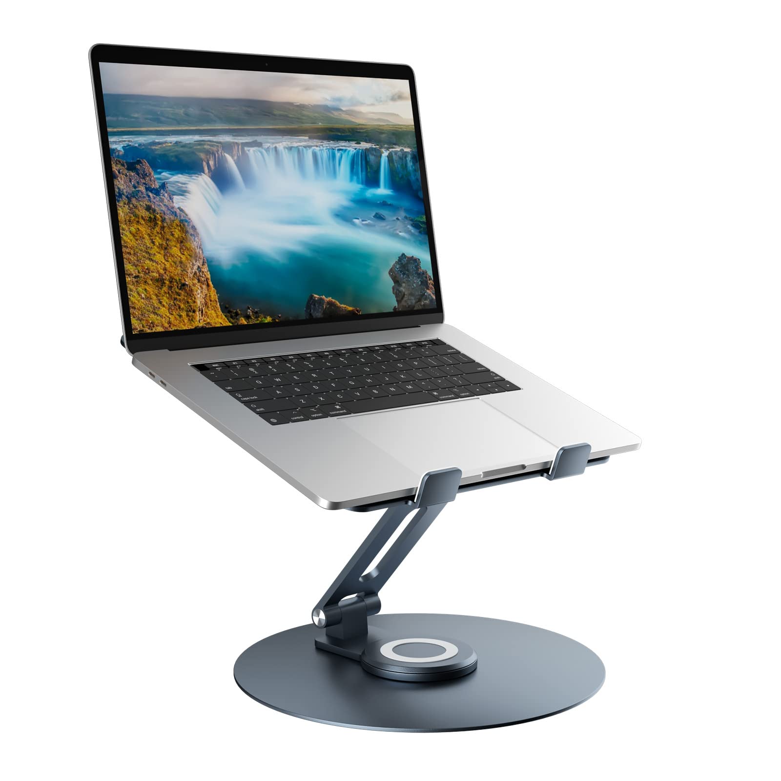 Swivel Laptop Stand for Desk, Adjustable Height Aluminum Computer Stand with 360 Rotating Base, Foldable Ergonomic Riser, Portable Laptop Holder Compatible with MacBook, All Laptops 10-17'',Grey