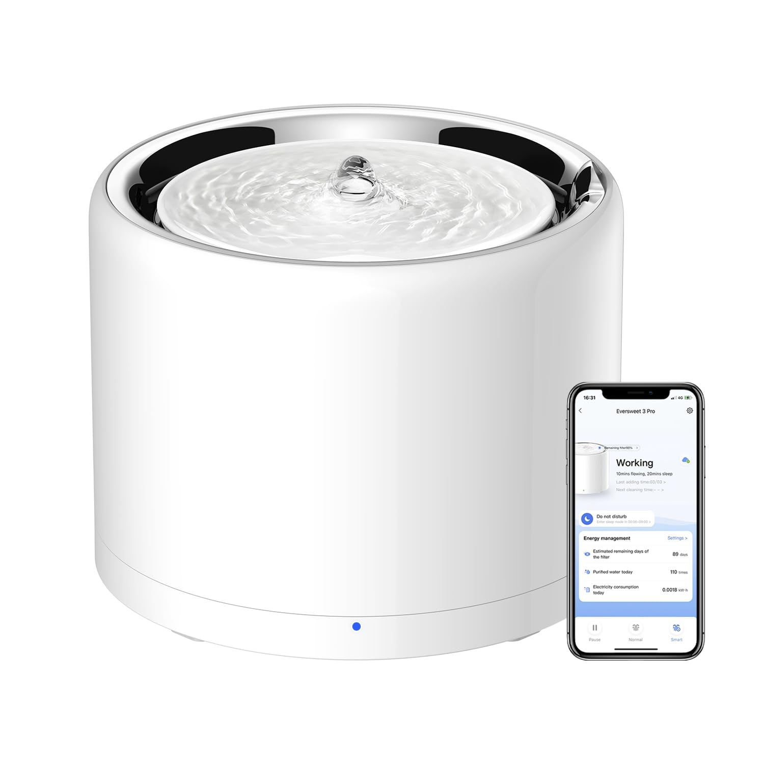 PETKIT Cat Water Fountain, UVC Wireless Pump, APP Control, 1.8L Cat Fountain Stainless Steel, Ultra Quiet, Hygienic Fresh Water for Cats Dogs, 3 Working Mode, Smart LED Light, Activated Carbon Filter