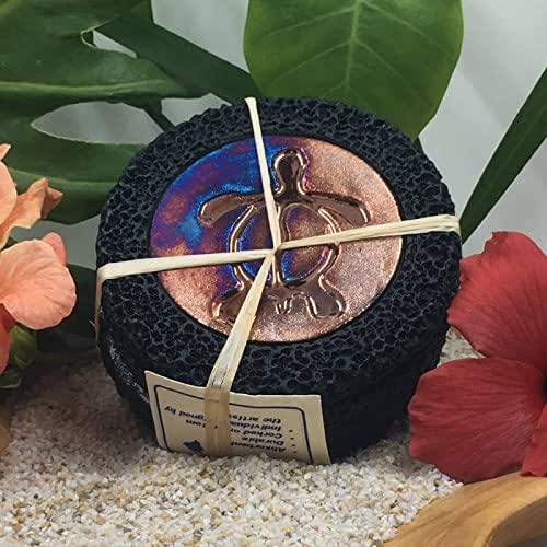 Made in Hawaii Raku Pottery Round Petroglyph Coasters Set (x4) Hawaiian Green Sea