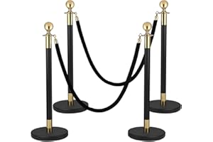 LEPOHOME 4Pack Stanchions and Velvet Ropes, 5 ft Black Velvet Rope and Poles Set, Black-Gold Stainless Steel Stanchion Posts Crowd Control Barriers for Red Carpet Runner Party Supplies