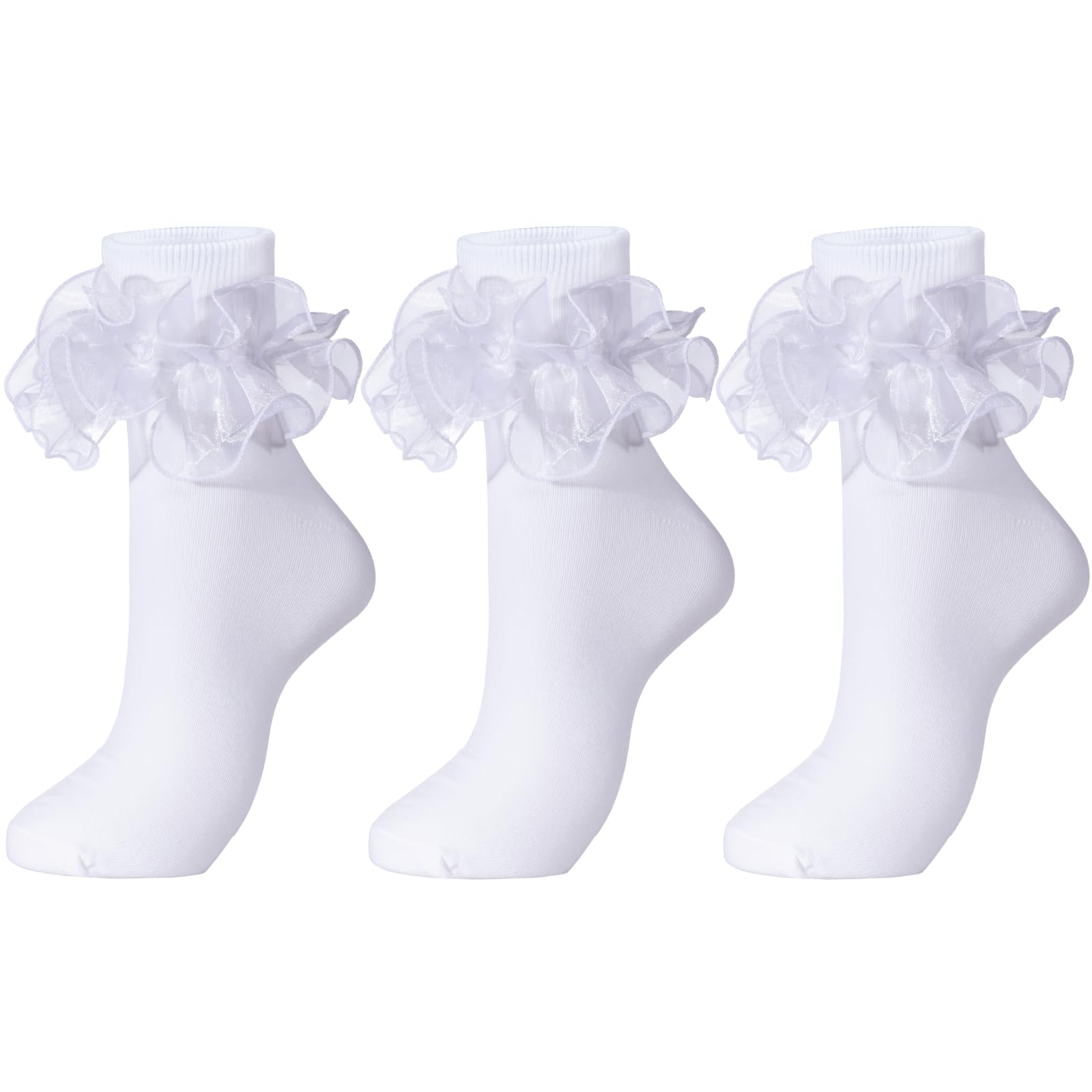 Photo 1 of Dicry Socks for Women, Big Ruffle Socks with Turn Cuff and Double Lace (Size 5-9, 3 Pairs, White)