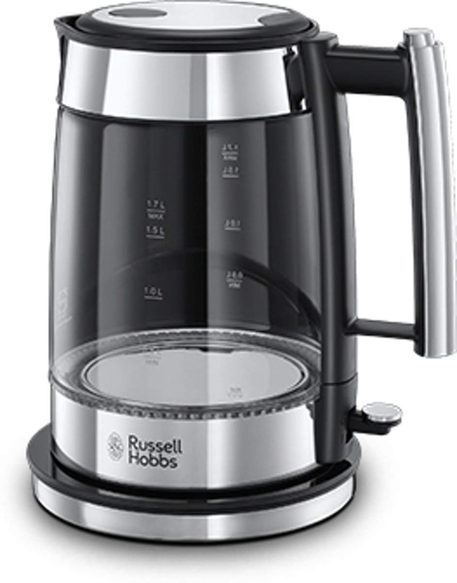 Russell Hobbs Bouilloire Electrique En Verre [Elegante & Puissante] Elegance (1,7L, 2200 W, Ecoulement Parfait, Eclairage Led, Filtre Anticalcaire, Ouverture Auto., Ergonomique, Base 360°) 23830-70