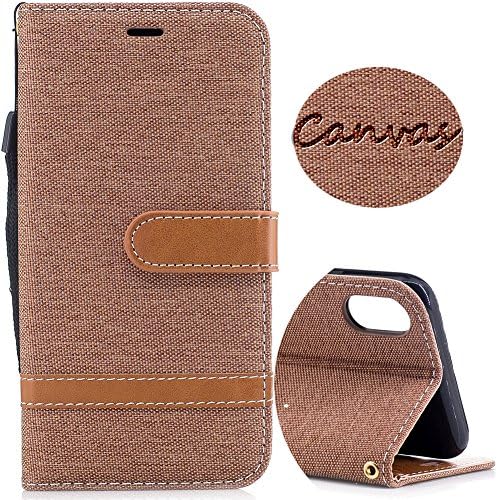 Wallet Leather Case for iPhone X, Denim Canvas Case with Card Slots &amp; Kickstand &amp; Wrist Strap, 360 Full Body Protective Embedded Magnetic Flip Folio Cover for iPhone X Edition /iPhone 10 (5.8)- Brown