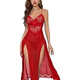 Foxiny Sexy Split Mesh Lace Floral Sheer Babydoll Lingerie Outfit Dress 2 Piece with Thong Set