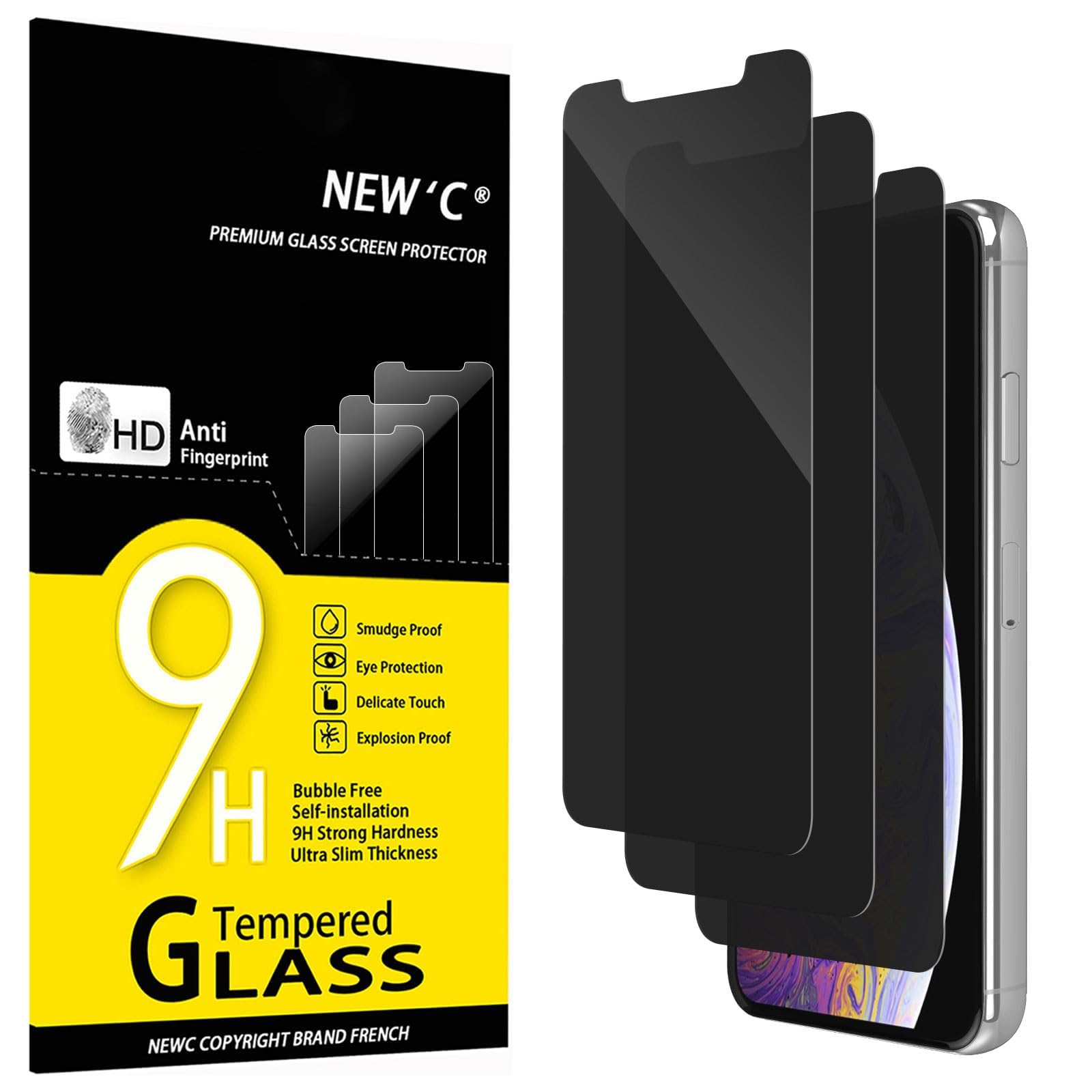 NEW'C 3 Pack Privacy for iPhone 11 Pro Max, iPhone XS Max Screen Protector (6.5"), Enhanced 28-Degree Privacy Angle, Ultra Durable 9H Hardness, Bubble-Free