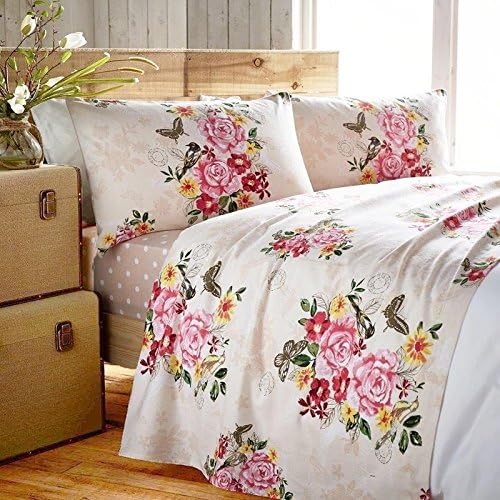 Marmorino Butterfly Roses Birds Flannel Cotton Fitted and Flat sheet set with Pillowcase (Double, Marmorino Pink)