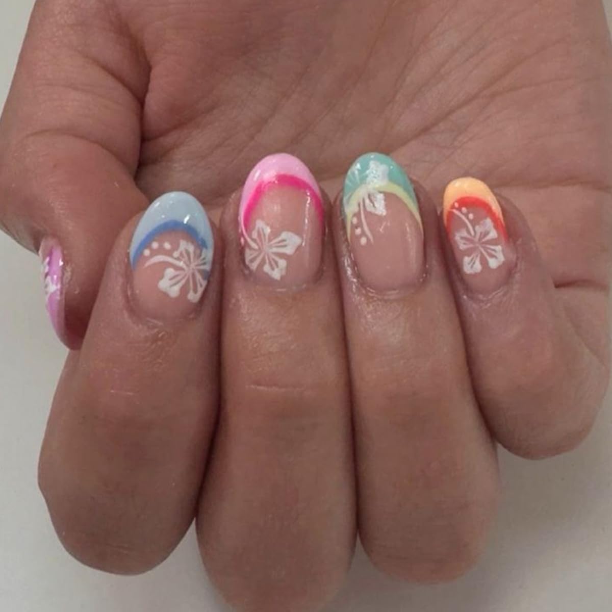 Short Flower Press on Nails Oval Fake Nails Colorful French Tip Acrylic Glue on Nails Spring Summer False Nails with White Floral Designs Glossy Stick on Nails for Women Girls 24 Pcs