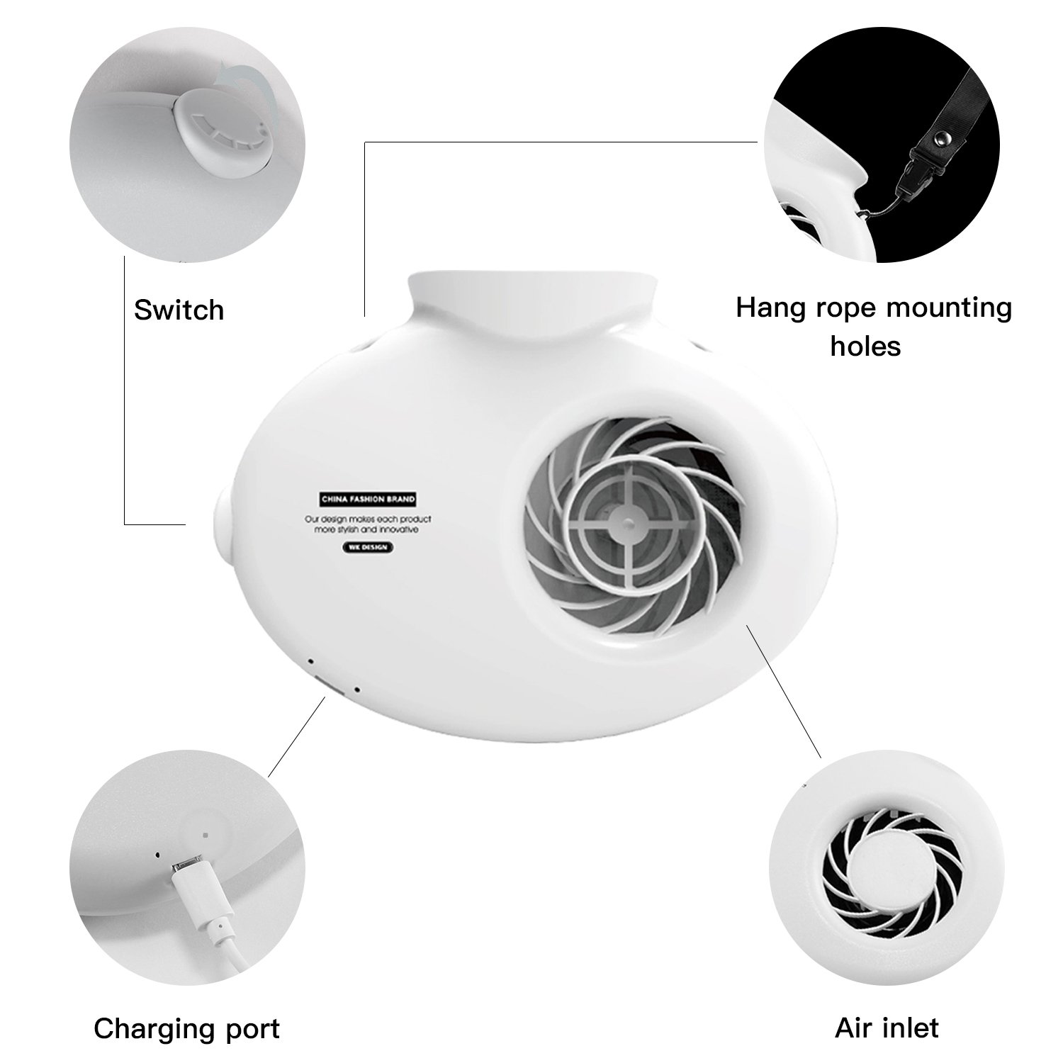 WK Portable Necklace Fan with Nylon Neck Strap and Adjustable Switch - Rechargeable Cooling Fan Equipped with Two Sponges to Release Perfume and Cooling Air（White）